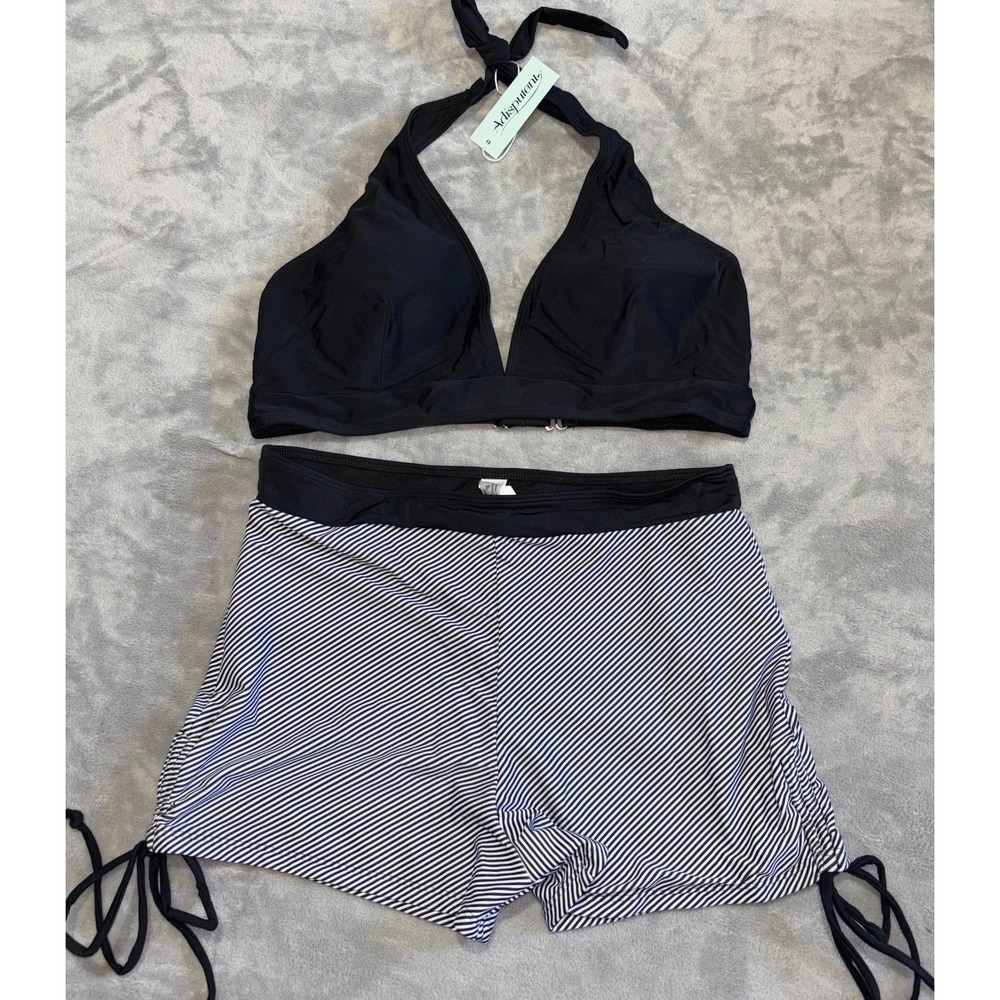 Adisputent Tankini Set Swimsuit Womens Large Black Striped Stretch Halter Neck